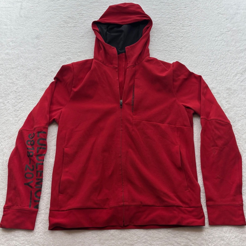 Lululemon Mens Red Full Zip Hoodie Graphic Sleeve Athletic Jacket Size L C566